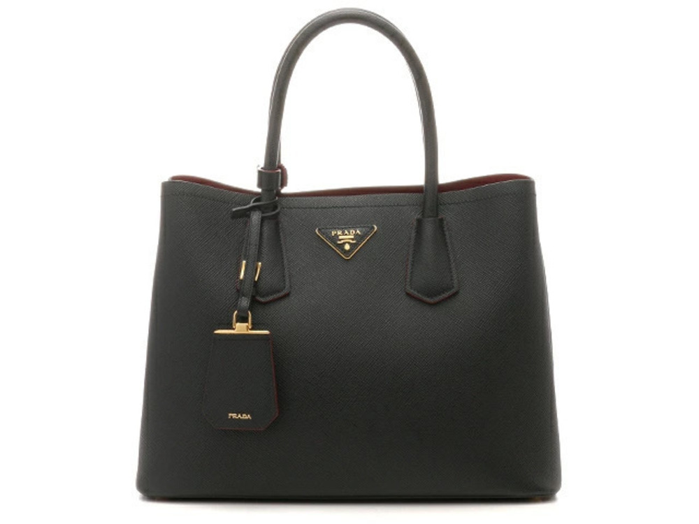 Prada Saffiano Leather Double Bag rolled top handles enameled logo